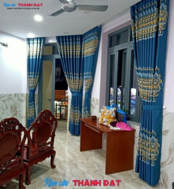 RÈM VẢI GẤM BỐ HOA VĂN CỔ ĐIỂN XANH HV003