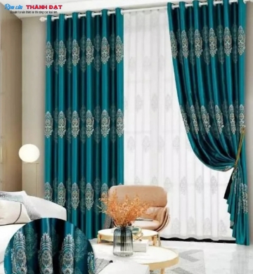 RÈM VẢI GẤM BỐ HOA VĂN CỔ ĐIỂN MÀU XANH
