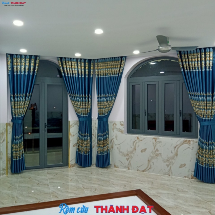 RÈM VẢI GẤM BỐ HOA VĂN CỔ ĐIỂN XANH HV003