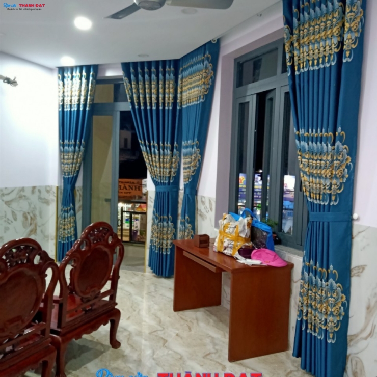 RÈM VẢI GẤM BỐ HOA VĂN CỔ ĐIỂN XANH HV003