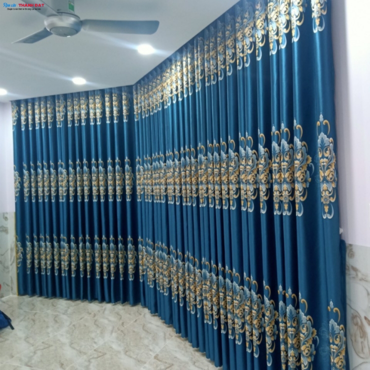 RÈM VẢI GẤM BỐ HOA VĂN CỔ ĐIỂN XANH HV003