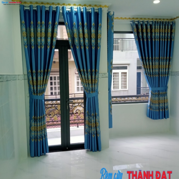 RÈM VẢI GẤM BỐ HOA VĂN CỔ ĐIỂN XANH HV003